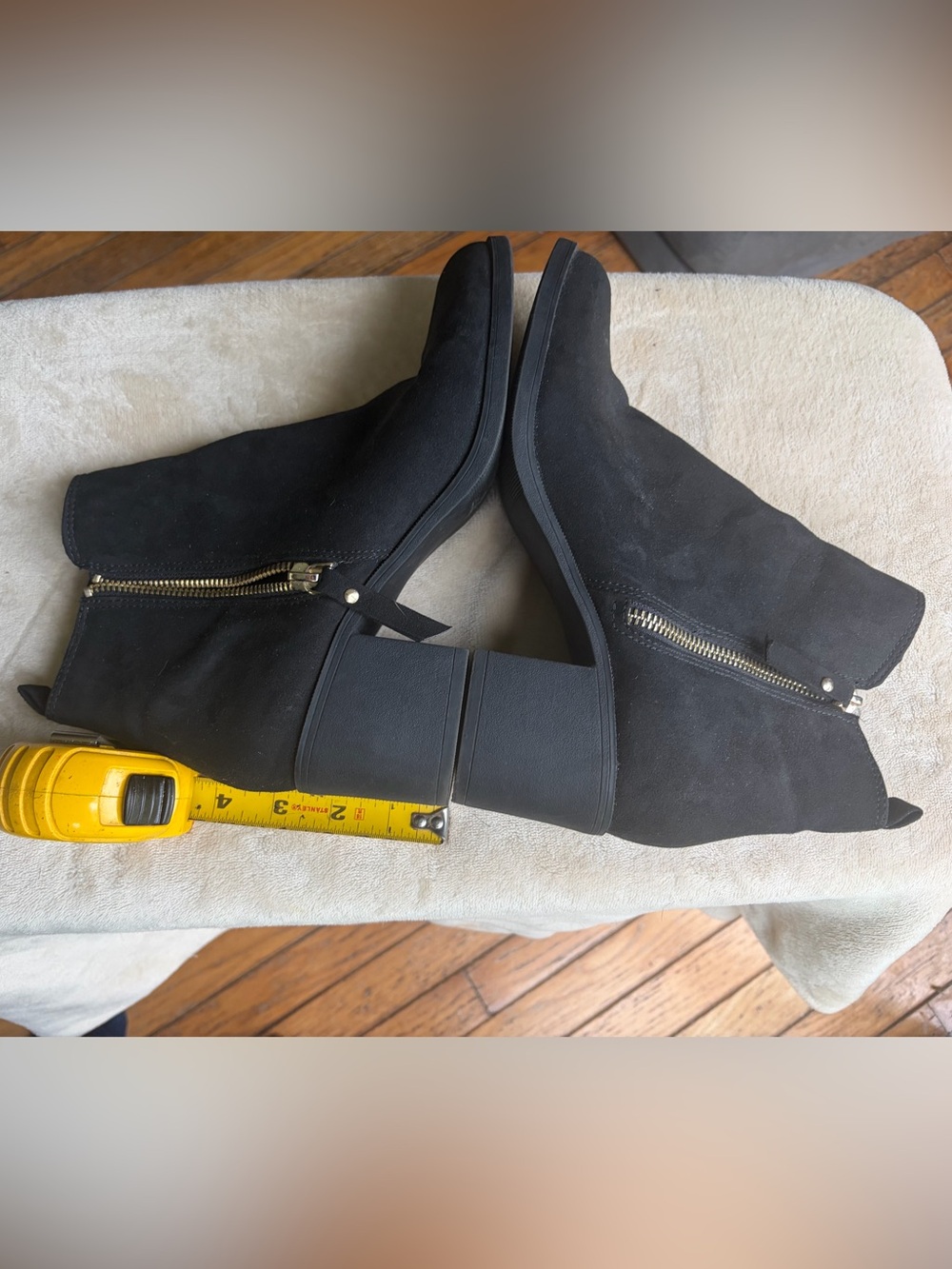 H&M Black Faux Suede Ankle Boots Gold Side Zip Block Heel Booties Size 8.5